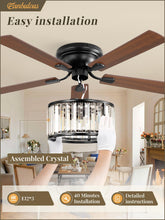 56 Inch Farmhouse Chandelier Ceiling Fan with Remote Control, Black Indoor Crystal Ceiling Fan with 6-Speeds, Quiet Reversible DC Motor, Flush Mount Ceiling Fan with Lights for Bedroom, Living Room