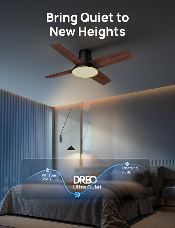 Dreo Ceiling Fans with Lights, 12 Speeds & 3 Fan Modes, Quiet DC Motor, Low Profile Easy to Install, Flush Mount Smart Ceiling Fan with Dimmable LED, 12H Timer for Bedroom, Remote, Black, 44''