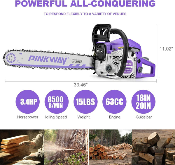 2-cycle 63CC Chainsaw Saw Gas Powered 20" Chain Saws Cordless Petrol Saw Handheld Chainsaw for Cutting Wood Trees Branches，63ACG