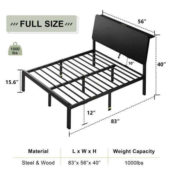 Feonase Full Size Bed Frame with Ergonomic Storage Headboard & Charging Station, LED Platform Bed Frame, Heavy Duty Metal Slats, No Box Spring Needed, Easy Assembly, Black