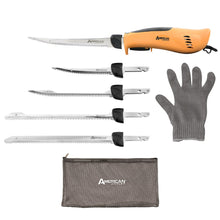 American Angler PRO Professional Grade Electric Fillet Knife Sportsmen's Kit – 110 Volt High Performance Ergonomic Motorized Handset with Five Kinds of Stainless Steel Blades, 32352DS