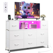 WLIVE White Dresser for Bedroom, TV Stand for Bedroom for 55 inch TV with Charging Station and LED Lights, Fabric Chest of Drawers with Open Shelves, 8 Drawers Dressers for Living Room, Closet