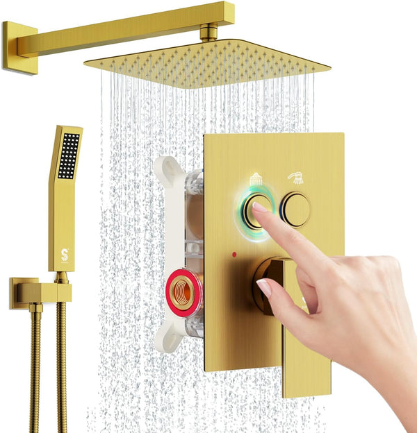 SR SUN RISE Shower System with Push Button Diverter Bathroom Luxury 10 Inch Rain Shower Head with Handheld Spray, High Pressure Shower Faucet Combo Set with Faucet Trim Repair Kits, Brushed Gold