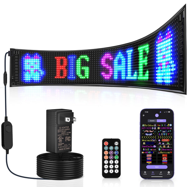 KJOY Large Bright LED Sign,37''x8'' Flexible 12V Multi Ttask Loop Playback LED Store Sign, Bluetooth App Control Custom Text Pattern Animation Scrolling LED Sign Programmable for Store Hotel School