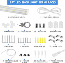 8FT U Shape 125W Integrated LED Tube Light, 6500K Clear White, 20000LM Super Bright, Flush Mount/Hanging, Linkable Shop Lights for Garage Workshop, Plug&Play, 8 Pack