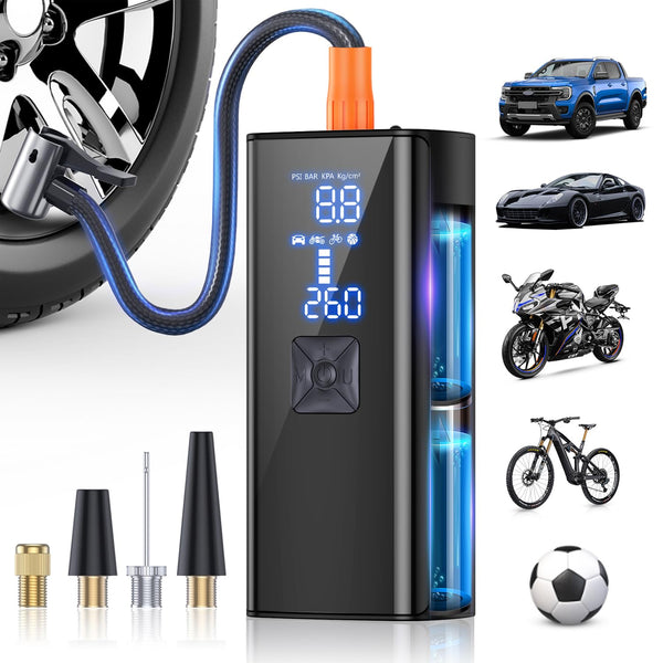 Tire Inflator Portable Air Compressor, 150 PSI Air Pump with Digital Pressure Gauge, 2X Faster Portable Air Compressor for Car, Motorcycle, Bicycle, Balls and More