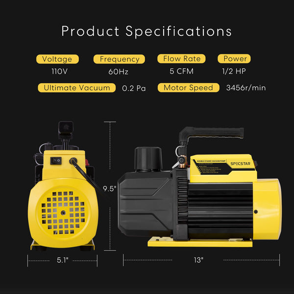 SPECSTAR 1/2 HP 5 CFM 110V Dual Stage Rotary Vane HVAC Air Vacuum Pump for R12 R22 R134a R410a Systems with 2 Oil Bottles