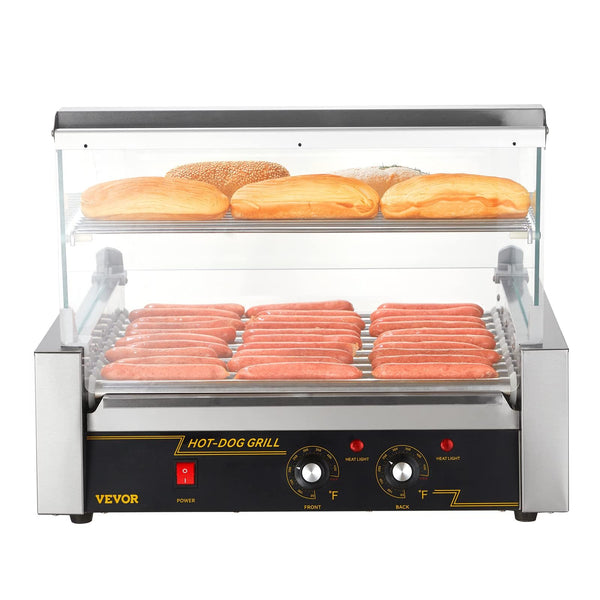 VEVOR Hot Dog Roller, 30 Hot Dog Capacity 11 Rollers, 1800W Stainless Steel Cook Warmer Machine w/Cover & Dual Temp Control, LED Light & Detachable Drip Tray, Sausage Grill Cooker for Kitchen Canteen