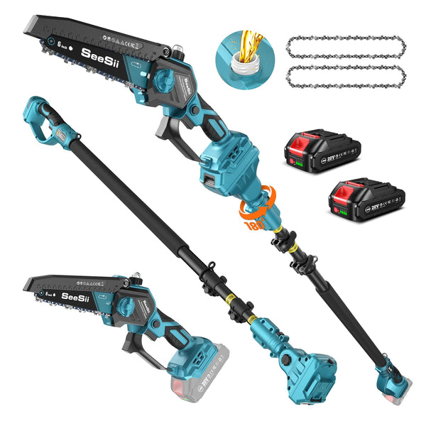 Seesii PS620 2-in-1 Electric Pole Saws: 6 Inch Mini Chainsaw Cordless with Extension Pole, 2Pcs Batteries, Brushless Chain Saw for Limb Branch Cutter, Battery Tree Trimmers Pruner,16Ft Long Reach