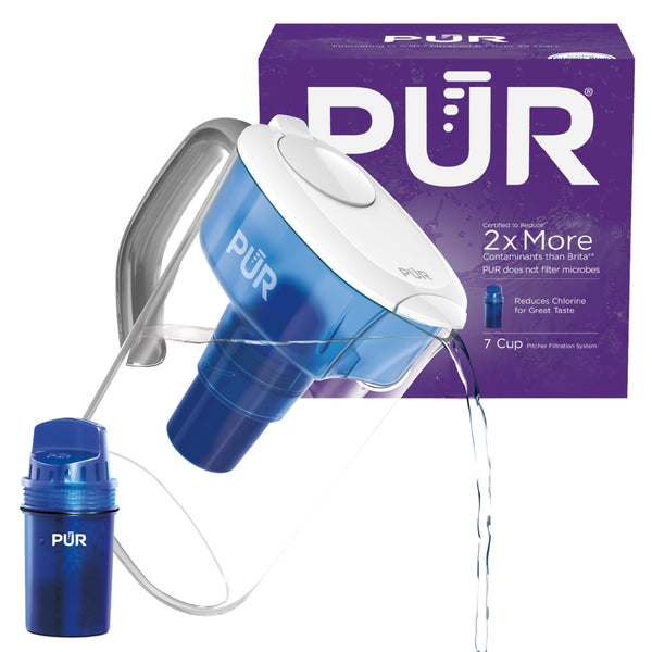 PUR 7-Cup Pitcher Water Filter with 1 Genuine PUR Filter- Small Capacity, 2-in-1 Powerful, Faster Filtration, Lasts 2 Months or 40 Gallons, Dishwasher Safe, White/Blue (PPT700W)