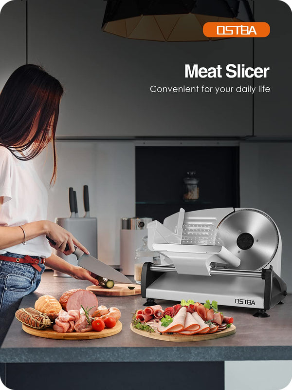 Meat Slicer 200W Electric Deli Food Slicer with 2 Removable 7.5" Stainless Steel Blade, Adjustable Thickness for Home Use, Child Lock Protection, Easy to Clean, Cuts Meat, Bread and Cheese