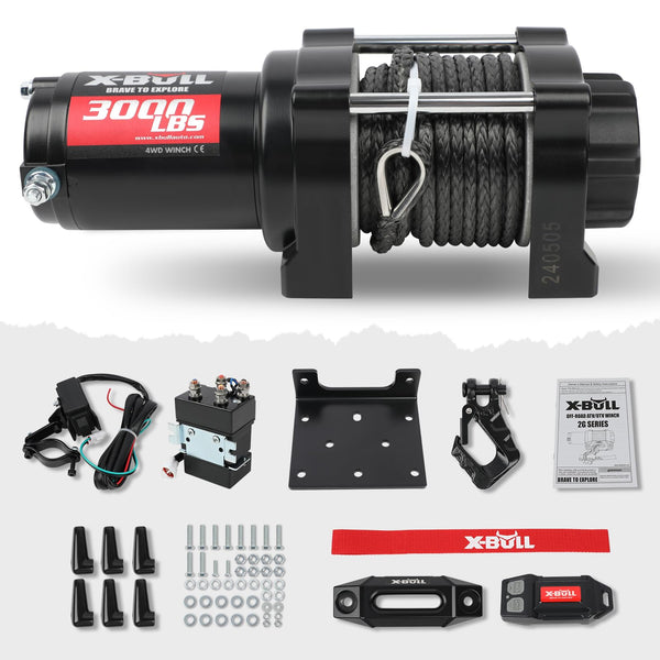 X-BULL New 12V DC 3000LBS IP68 Waterproof Electric Winch for Towing ATV/UTV, Boat, Off Road, Wireless Remote and Corded Control Recovery, Portable Synthetic Rope Electric Winch with Hawse Fairlead.