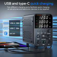 DC Power Supply Variable, 120V 3A Bench Power Supply with Encoder Knob, 4-Digits Display, Adjustable Regulated lab Power Supply with 5V 3.6A USB & Type-C Quick-Charge, Output Switch