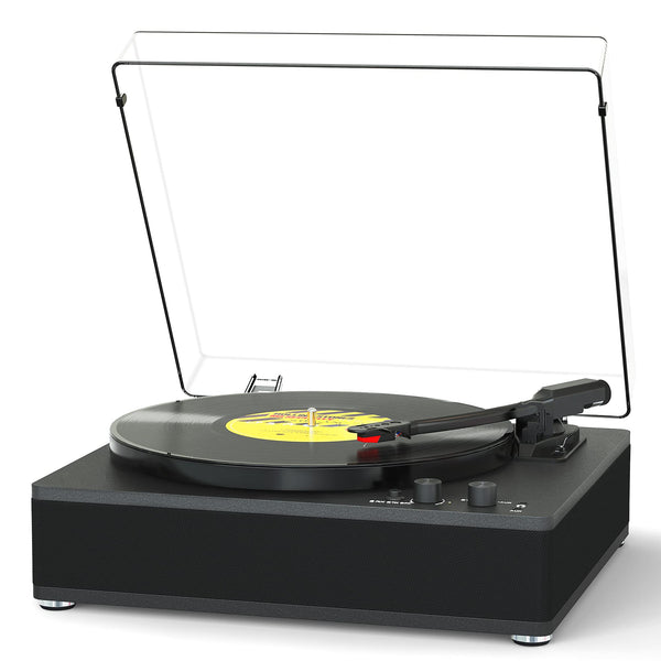 Vinyl Record Player with Wireless Bluetooth Input/Output Transmitter, Full-Size Platter, 3-Speed Turntable, Built-in Speakers, Counterweight, Auto-Stop, RCA/AUX Out, Black