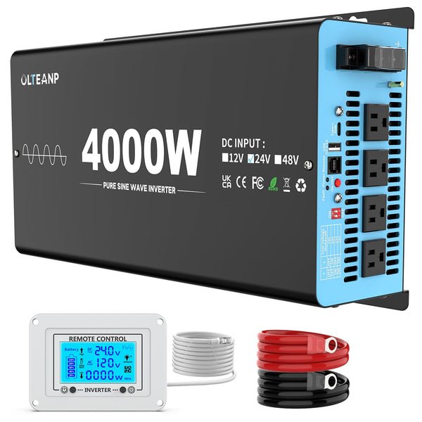 OLTEANP New 24V 4000 Watts Pure Sine Wave Inverter, 24V DC to 110V AC Power Inverter with 4 AC Outlets, USB Port, Type-C Port for Truck, Vehicle, Power Outage, Remote Control with LCD Screen