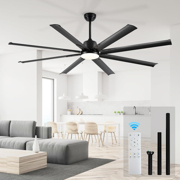 72 lnch lndustrial Celing Fan with Light and Remote Control,Large Celing Fan with 8 Black Aluminum Blades,6 Speed Noiseless DC Motor,Wet Rated Indoor Outdoor Ceiling Fans for Patio,Garage,exterior