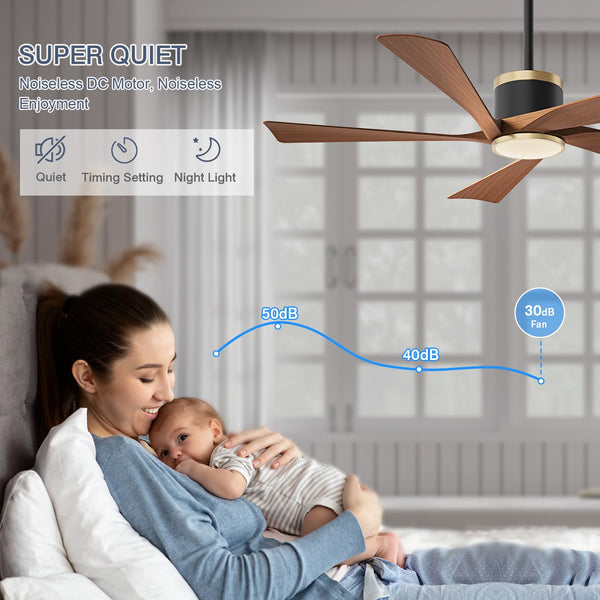 TXCSLY 52'' Ceiling Fans with Lights, Modern Ceiling Fan with Remote Control, Indoor Outdoor Ceiling Fan for Living Room,Bedroom 5 Blade 3 Color Tempearture (Walnut)