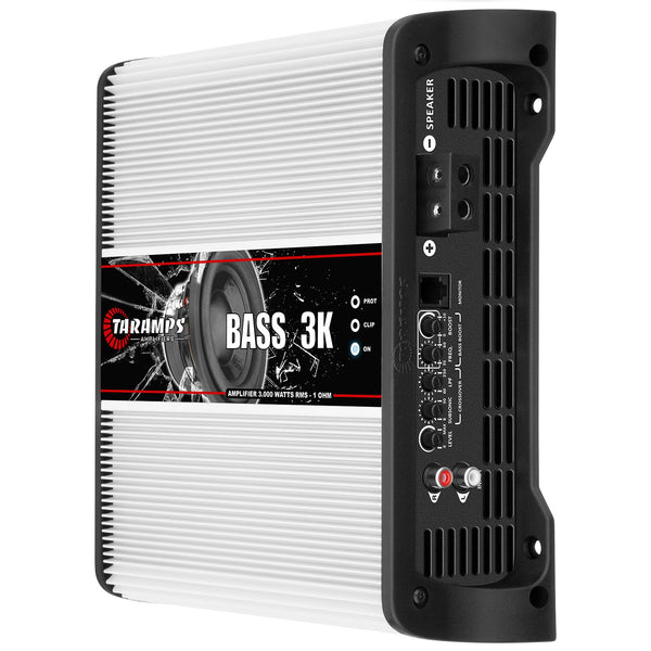 Taramps Bass 3k 1 Channel of 1 Ohm 3000 watts RMS Class D Amplifier Mono Subsonic Filter Low Pass Car Audio 14.4 VDC Highest Technology, Monoblock White Amplifier High Technology Max Power Amp