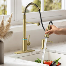 VIDEC Smart Kitchen Faucet, 3 Modes Pull Down Sprayer, Smart Touch On Sensor Activated, LED Temperature Control, 360-Degree Rotation, 1 or 3 Hole Deck Plate. (KW-66J, Brushed Gold, 17.90 Inches)