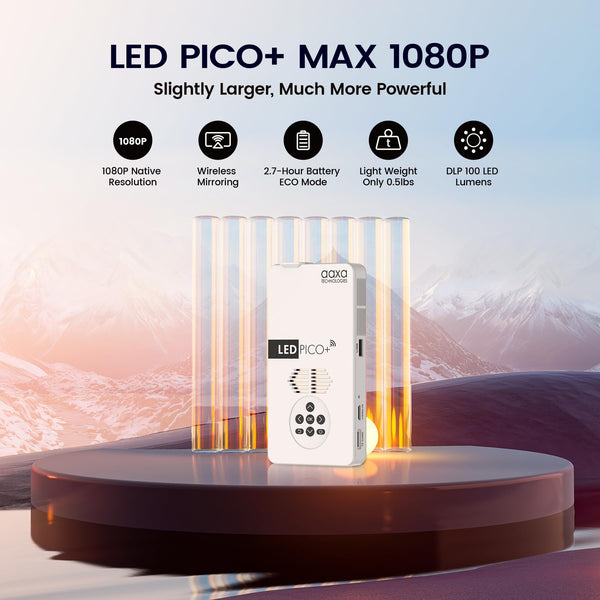 AAXA LED Pico+ MAX Mini Projector, 2.7 Hour Battery, DLP Native 1080P, Wireless Mirroring, Mini-HDMI, Media Player & Speakers, Bluetooth, Micro SD/USB, Pocket Size Portable Movie/Cookie Projector