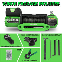 STEGODON Winch 9500lb Electric Winch 12V Winch with Synthetic Rope Car Trailer Winch with Green Hawse Fairlead Wireless Remote and Wired Handle for Truck SUV Jeep