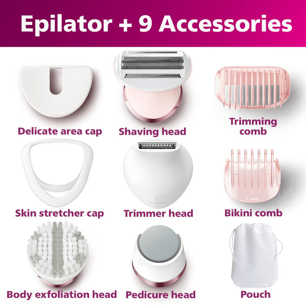 Philips Beauty Epilator Series 8000 5 in 1 Shaver for Women, Trimmer, Pedicure & Body Exfoliator + 9 Accessories, BRE740/14