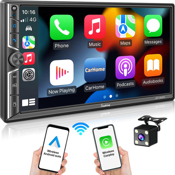 [Upgrade Wireless] Double Din Car Radio with Wireless Apple CarPlay and Android Auto, Bluetooth 5.3 Car Play, Mirror Link, 7" HD Touchscreen, Backup Camera, 4.2-Channel Audio Output, AM/FM Car Stereo