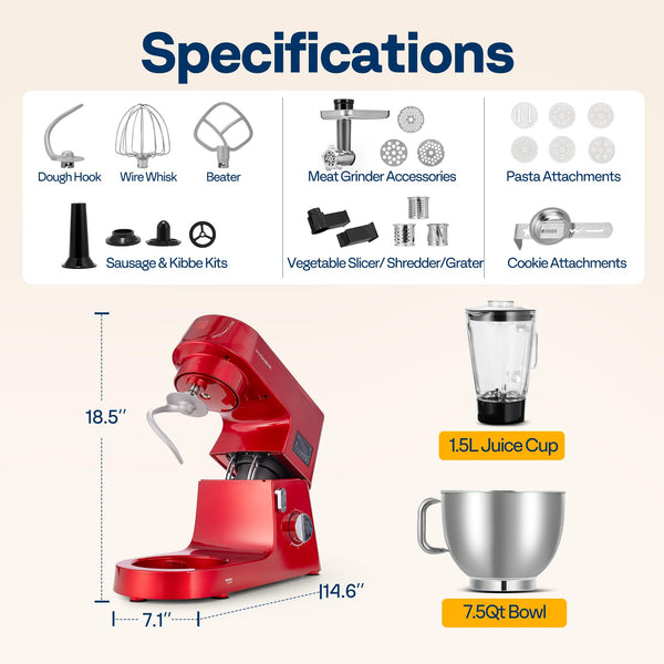 VIVOHOME 9 in 1 Multifunctional Stand Mixer with Fermentation, 6 Speed 7.5 Quart Kitchen Electric Food Mixer with Timer, Meat Grinder, Juice Blender, Vegetable Slicer, Pasta and Cookie Maker, Red