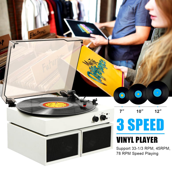 Vinyl Record Player with Dual External Speakers, USB PC Encording, 33 45 78 RPM Bluetooth Vintage LP Player Turntable with Stereo Speakers Support AUX-in RCA Out Headphone Jack White