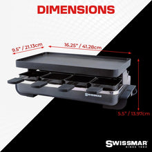 Swissmar Classic 8-Person Raclette Party Grill with Reversible Cast Aluminum Non-Stick Grill Plate/Crepe Top, Indoor Electric Raclette Grill & Griller - Black Grill Plate - Black