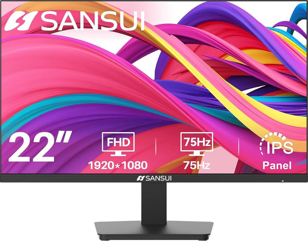 SANSUI Monitor 22 inch 1080p FHD 75Hz Computer Monitor with HDMI VGA, Ultra-Slim Bezel Ergonomic Tilt Eye Care LED Display for Home Office (ES-22F1 HDMI Cable Included)