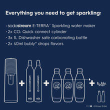 SodaStream - E-TERRA Soda Maker | VALUE BUNDLE | 3 Automatic Carbonation Levels | Includes 2x CO2 Cylinders, 3x 32 Fl Oz Dishwasher Safe Bottles, 2x Bubly Fruit Flavor Drops, 1x Power Adapter | Black