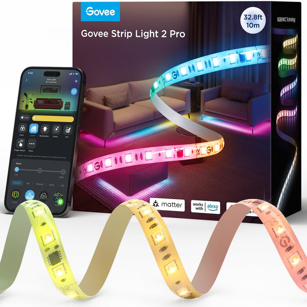 Govee RGBIC Strip Light 2 Pro with Matter, 32.8ft Wi-Fi LED Lights for Bedroom, Cabinet, Party, TV and Gaming Desk, Smart Led Strip Lights Compatible with Alexa and Google Assistant, Home Decor