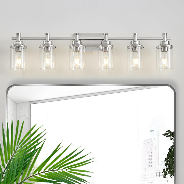 Aixialin 6-Light Bathroom Vanity Light, Brushed Nickel Bathroom Lights Fixtures Over Mirror, Vanity Lights Wall Mount with Clear Glass Shade, Modern Wall Sconce for Bathroom