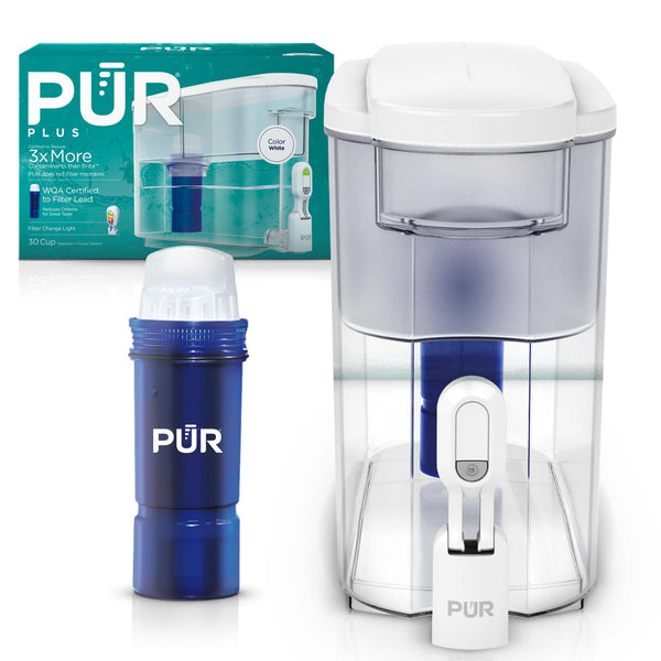 PUR PLUS 30-Cup Water Filter Dispenser with 1 Lead-Reducing PUR PLUS Filter, Dishwasher Safe, Powerful Filtration, Large Capacity with Slim, Space-Saving Design, White (DS1811Z)