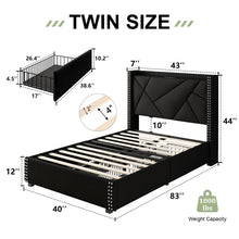 Feonase Upholstered Storage Bed Frame Twin Size with 4 Drawers, Platform Bed with Charging Station & Wingback Headboard, Solid Wood Slats Support, Black