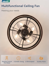 LEDIARY 18 inch Black Caged Ceiling Fan with Light, Bladeless Industrial Ceiling Fan with Remote, Farmhouse Fan Lights Ceiling Fixtures for Kitchen, Bedroom, Outdoor（6 Speed, Timing）-Walnut