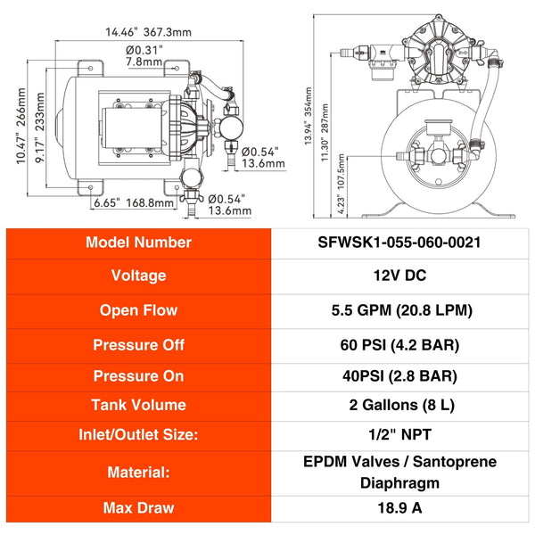 SEAFLO Marine Water Pump 12 V DC 60 PSI 5.5 GPM 2 Gallon Accumulator Tank System | Accumulator Pressure Boost System for Smooth and Quiet Operation | 4-Year Warranty