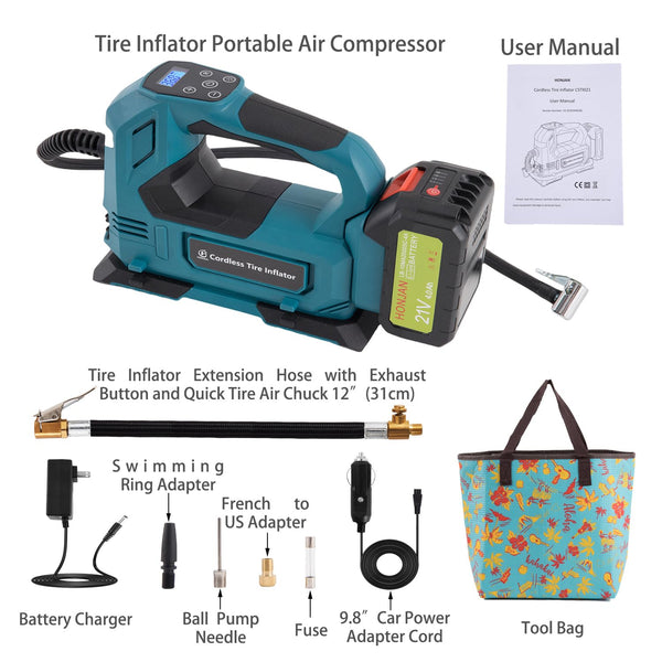 Tire Inflator Portable Air Compressor, 150 PSI Tire Pump with 21V Rechargeable Battery & Inflator Extension Hose with Exhaust Button & Quick Tire Air Chuck for Car Motorcycle Bike & Ball(Blue 4A)