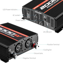 POTEK 2000W Power Inverter 3 AC Outlets 12V DC to 110V AC Car Inverter with 2A USB Port Black