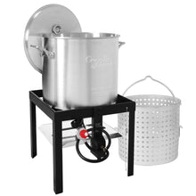 Creole Feast SBK1001 100 Qt Seafood Boiling Kit with Strainer, Outdoor Seafood Boil Pot and Basket with 100,000 BTUs Propane Burner and 10 PSI Regulator, Black & Silver