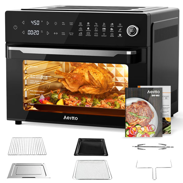 Aeitto® 32-Quart PRO Large Air Fryer Oven| Toaster Oven Combo | with Rotisserie, Dehydrator and Full Accessories | 19-In-1 Digital Airfryer | Fit 13" Pizza, 9pcs Toast, 1800w, Black