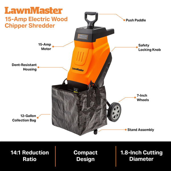 LawnMaster FD1503 Electric Wood Chipper Shredder 15-Amp 1.8-Inch Cutting Diameter Max 14:1 Reduction