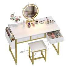 Lufeiya White Makeup Vanity Desk with Mirror and Lights, 40 inch Make Up Vanity Desks with Fabric Drawers & Charging Station, Dressing Table and Chair Set for Bedroom Girls, White Gold