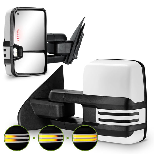 SIZIOM Towing Mirrors for 2014-2018 Chevy Silverado/GMC Sierra Switchback Dynamic Turn Signal/Running Lights Power Heated (Painted White with Painted White Base)