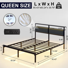 J.Fkne Queen Bed Frame with LED Lights & Charging Station, Metal Platform Bed Frame with 2 Tier Storage Headboard, Under Bed Storage, No Box Spring Needed, Noise Free, Easy Assembly, Black