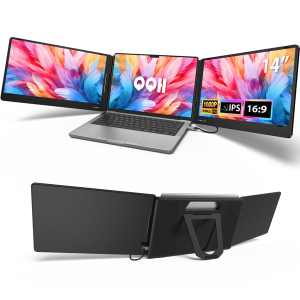 QQH Triple Portable Monitor, 14” 1080P Laptop Screen Extender, Only One USB-C Plug and Play Laptop Monitor Extender Compatible with MacOS, Wins, Android for 12-16” Laptops, Driver Needed