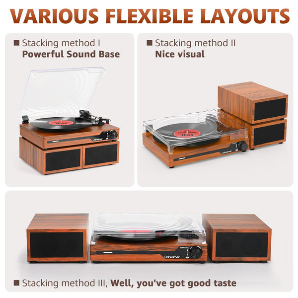 Vinyl Record Player with External Speakers BT 5.3 Wireless Turntable Portable with 3 Speed USB Vintage Wooden Brown