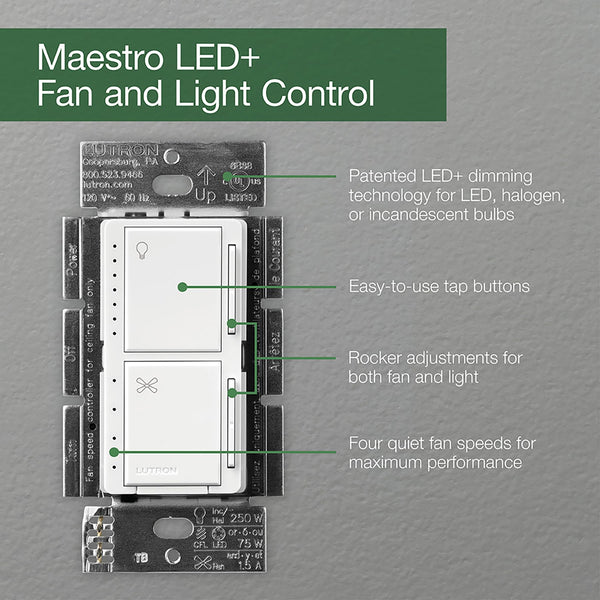 Lutron Maestro Fan Control and Light Dimmer for Dimmable LEDs, Incandescent, and Halogen Bulbs, Single-Pole, MACL-LFQ-WH, White (3-Pack)