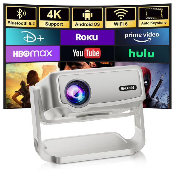 Smart Projector with Built in Apps - Electric Focus, Auto Keystone, Salange Android Projector 4k Wifi Bluetooth, 360° Ajustable Mini Protable Outdoor Movie Projectors, Compatible w iPhone, TV Stick